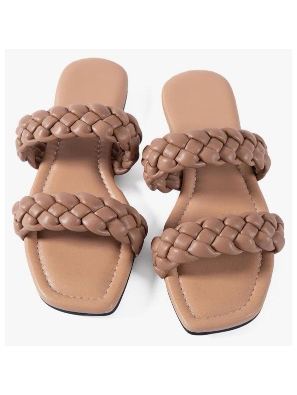 Women’s Casual Braided Quilted Square-Toe Flat Sandals Size 10 Summer Dress Shoe
